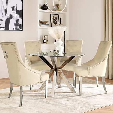Plaza Round Dining Table & 4 Imperial Chairs, Glass & Chrome, Ivory Classic Plush Fabric & Chrome, 110cm