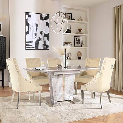 Vienna Extending Dining Table & 4 Imperial Chairs, Grey Marble Effect, Ivory Classic Plush Fabric & Chrome, 120-160cm