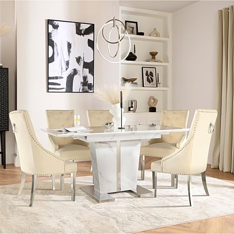 Vienna Extending Dining Table & 4 Imperial Chairs, White Marble Effect, Ivory Classic Plush Fabric & Chrome, 120-160cm