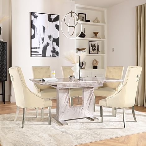 Florence Extending Dining Table & 4 Imperial Chairs, Grey Marble Effect, Ivory Classic Plush Fabric & Chrome, 120-160cm