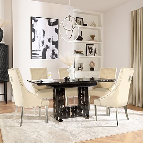 Florence Extending Dining Table & 4 Imperial Chairs, Black Marble Effect, Ivory Classic Plush Fabric & Chrome, 120-160cm