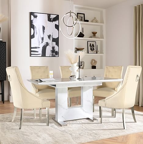 Florence Extending Dining Table & 4 Imperial Chairs, White Marble Effect, Ivory Classic Plush Fabric & Chrome, 120-160cm