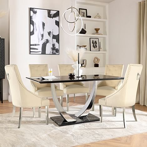 Peake Dining Table & 4 Imperial Chairs, Black Marble Effect & Chrome, Ivory Classic Plush Fabric & Chrome, 160cm