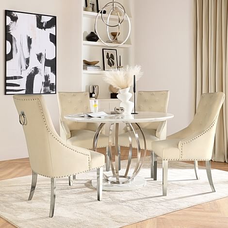 Savoy Dining Table & 4 Imperial Chairs, White Marble Effect, Ivory Classic Plush Fabric & Chrome, 160cm