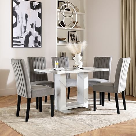 Joule Dining Table & 4 Salisbury Chairs, White Marble Effect, Grey Classic Velvet & Black Solid Hardwood, 120cm