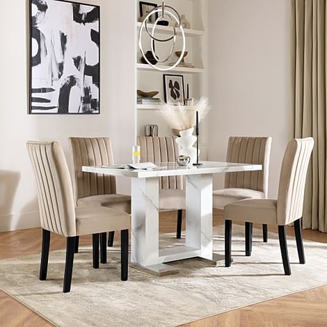 Joule Dining Table & 4 Salisbury Chairs, White Marble Effect, Champagne Classic Velvet & Black Solid Hardwood, 120cm