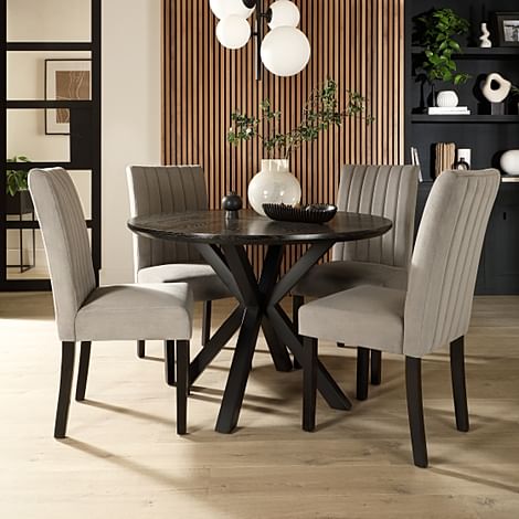 Newark Round Dining Table & 4 Salisbury Chairs, Black Oak Effect & Black Steel, Grey Classic Velvet & Black Solid Hardwood, 160cm
