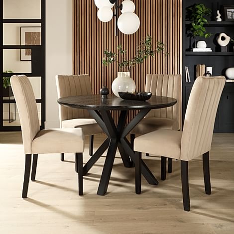 Newark Round Dining Table & 4 Salisbury Chairs, Black Oak Effect & Black Steel, Champagne Classic Velvet & Black Solid Hardwood, 160cm
