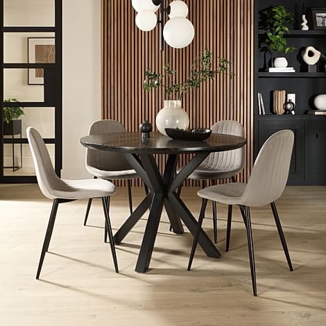 Newark Round Dining Table & 4 Brooklyn Chairs, Black Oak Effect & Black Steel, Grey Classic Velvet, 160cm