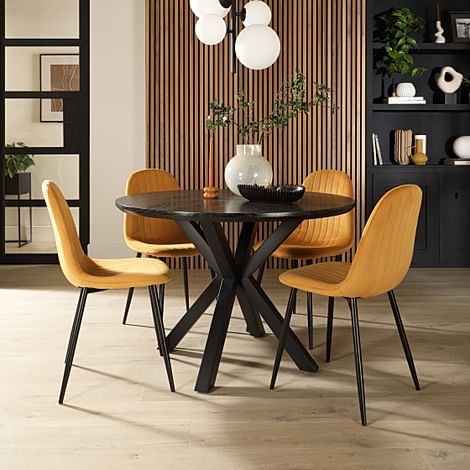 Newark Round Dining Table & 4 Brooklyn Chairs, Black Oak Effect & Black Steel, Mustard Classic Velvet, 160cm