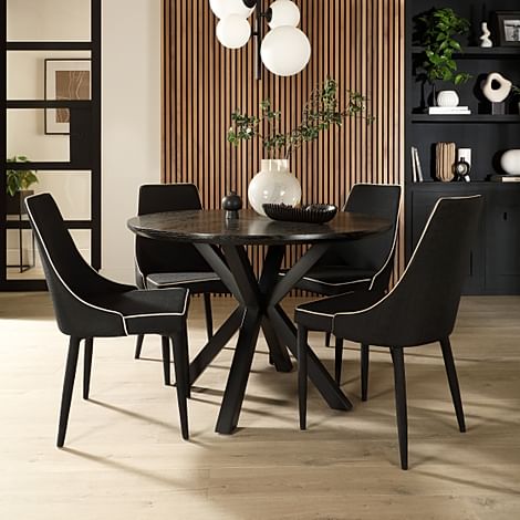 Newark Round Industrial Dining Table & 4 Modena Chairs, Black Oak Effect & Black Steel, Black Classic Linen-Weave Fabric, 160cm