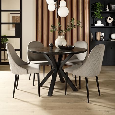 Newark Round Dining Table & 4 Ricco Chairs, Black Oak Effect & Black Steel, Grey Classic Velvet, 160cm