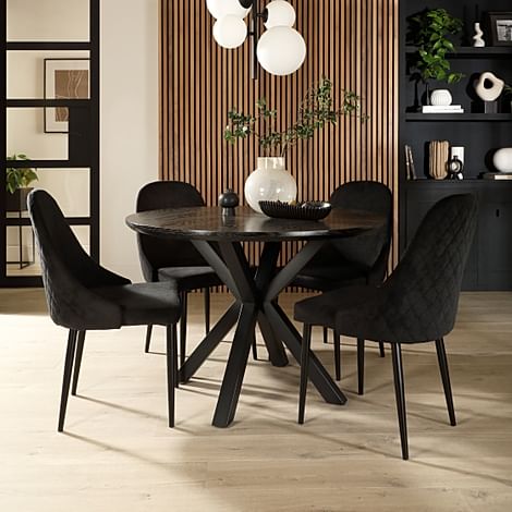 Newark Round Dining Table & 4 Ricco Chairs, Black Oak Effect & Black Steel, Black Classic Velvet, 160cm