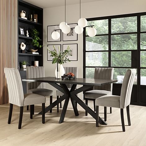 Madison Dining Table & 4 Salisbury Chairs, Black Oak Effect & Black Steel, Grey Classic Velvet & Black Solid Hardwood, 160cm