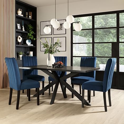 Madison Dining Table & 4 Salisbury Chairs, Black Oak Effect & Black Steel, Blue Classic Velvet & Black Solid Hardwood, 160cm