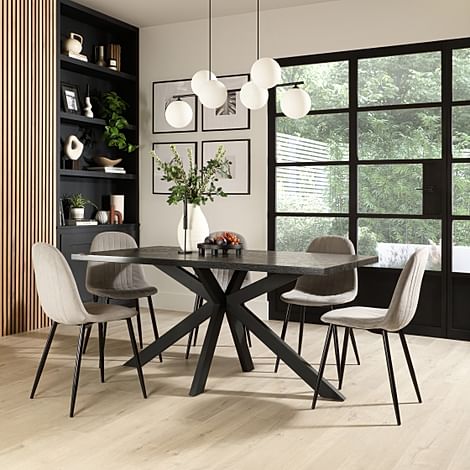 Madison Dining Table & 6 Brooklyn Chairs, Black Oak Effect & Black Steel, Grey Classic Velvet, 160cm