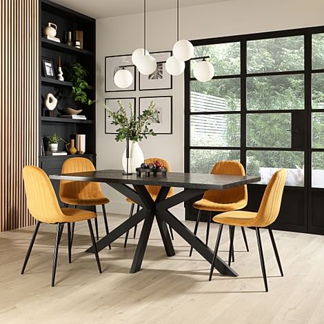 Madison Dining Table & 4 Brooklyn Chairs, Black Oak Effect & Black Steel, Mustard Classic Velvet, 160cm