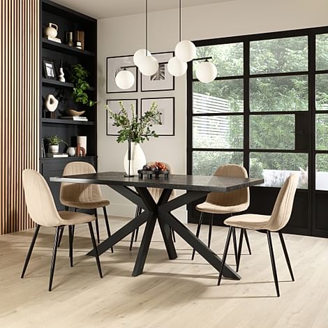 Madison Dining Table & 6 Brooklyn Chairs, Black Oak Effect & Black Steel, Champagne Classic Velvet, 160cm