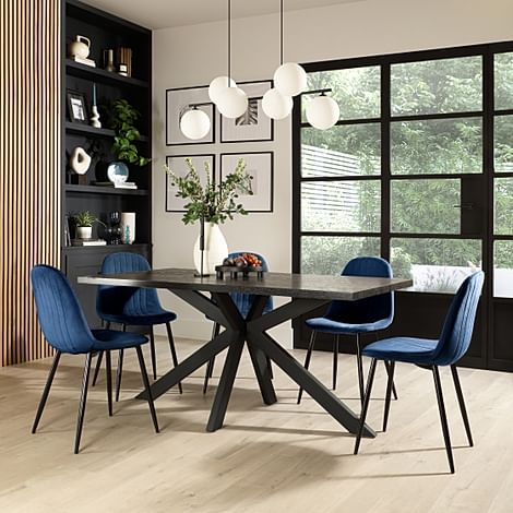 Madison Dining Table & 6 Brooklyn Chairs, Black Oak Effect & Black Steel, Blue Classic Velvet, 160cm