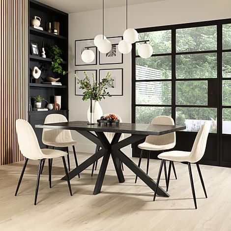 Madison Dining Table & 4 Brooklyn Chairs, Black Oak Effect & Black Steel, Ivory Classic Plush Fabric, 160cm