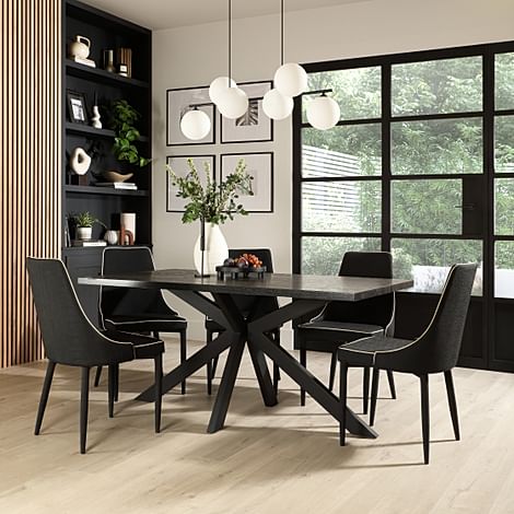 Madison Industrial Dining Table & 6 Modena Chairs, Black Oak Effect & Black Steel, Black Classic Linen-Weave Fabric, 160cm