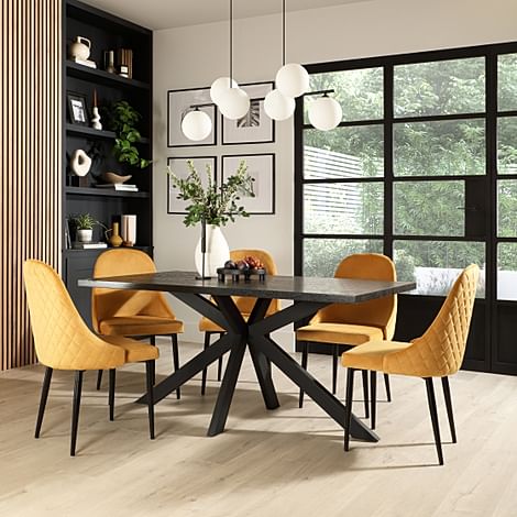 Madison Dining Table & 4 Ricco Chairs, Black Oak Effect & Black Steel, Mustard Classic Velvet, 160cm