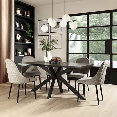 Madison Dining Table & 4 Ricco Chairs, Black Oak Effect & Black Steel, Grey Classic Velvet, 160cm