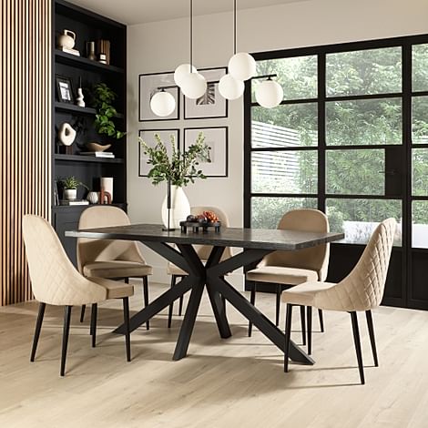 Madison Dining Table & 4 Ricco Chairs, Black Oak Effect & Black Steel, Champagne Classic Velvet, 160cm