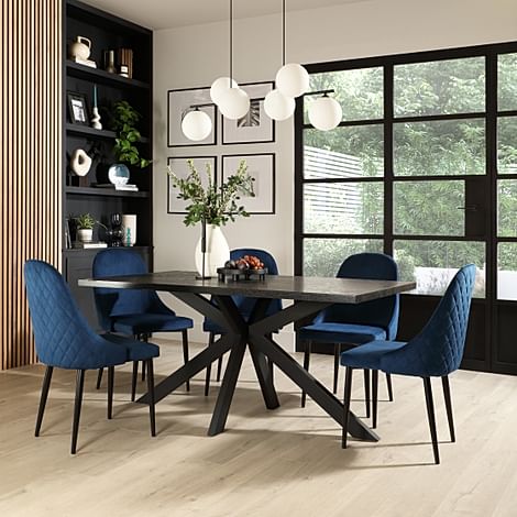 Madison Dining Table & 6 Ricco Chairs, Black Oak Effect & Black Steel, Blue Classic Velvet, 160cm