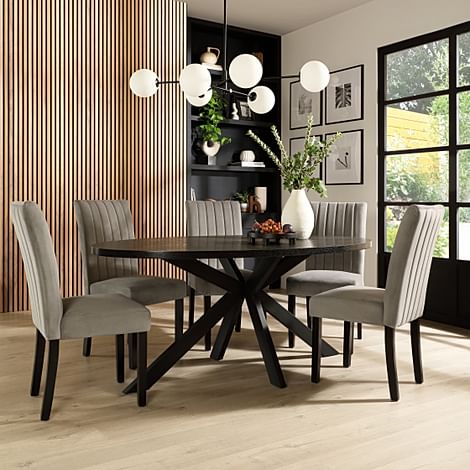 Madison Oval Dining Table & 4 Salisbury Chairs, Black Oak Effect & Black Steel, Grey Classic Velvet & Black Solid Hardwood, 160cm