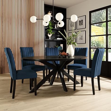 Madison Oval Dining Table & 6 Salisbury Chairs, Black Oak Effect & Black Steel, Blue Classic Velvet & Black Solid Hardwood, 160cm