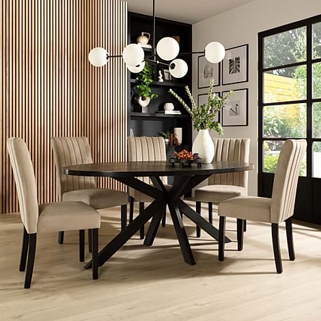 Madison Oval Dining Table & 4 Salisbury Chairs, Black Oak Effect & Black Steel, Champagne Classic Velvet & Black Solid Hardwood, 160cm