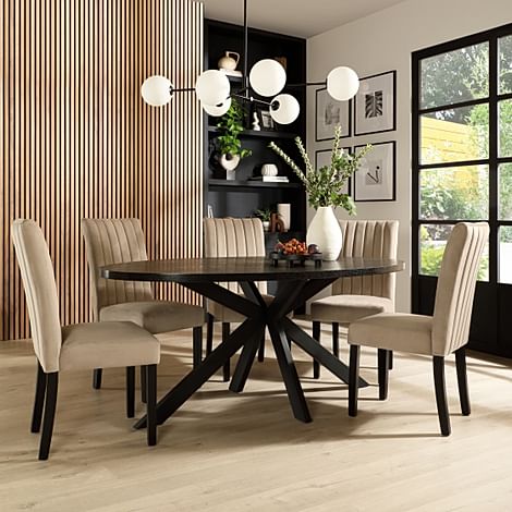 Madison Oval Dining Table & 6 Salisbury Chairs, Black Oak Effect & Black Steel, Champagne Classic Velvet & Black Solid Hardwood, 160cm