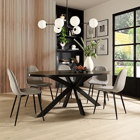 Madison Oval Dining Table & 4 Brooklyn Chairs, Black Oak Effect & Black Steel, Grey Classic Velvet, 160cm