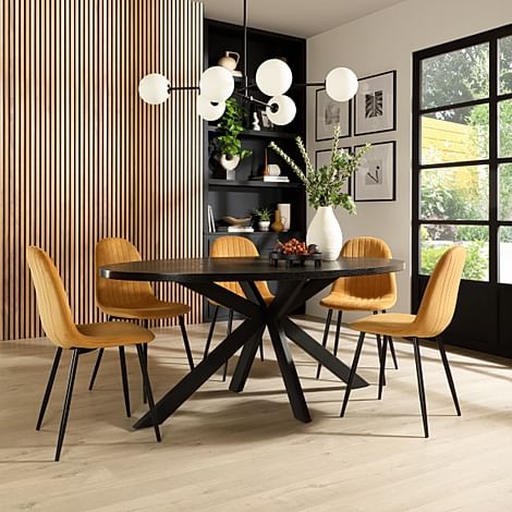 Madison Oval Dining Table & 4 Brooklyn Chairs, Black Oak Effect & Black Steel, Mustard Classic Velvet, 160cm