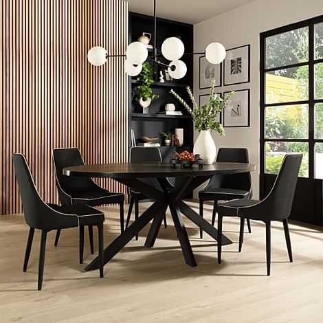 Madison Oval Industrial Dining Table & 4 Modena Chairs, Black Oak Effect & Black Steel, Black Classic Linen-Weave Fabric, 160cm