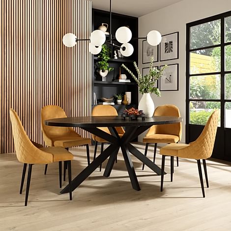 Madison Oval Dining Table & 4 Ricco Chairs, Black Oak Effect & Black Steel, Mustard Classic Velvet, 160cm
