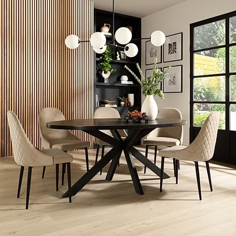 Madison Oval Dining Table & 4 Ricco Chairs, Black Oak Effect & Black Steel, Champagne Classic Velvet, 160cm