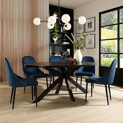 Madison Oval Dining Table & 6 Ricco Chairs, Black Oak Effect & Black Steel, Blue Classic Velvet, 160cm