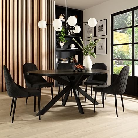 Madison Oval Dining Table & 4 Ricco Chairs, Black Oak Effect & Black Steel, Black Classic Velvet, 180cm