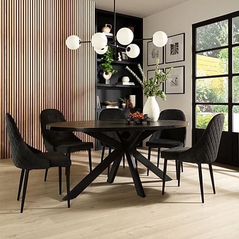 Madison Oval Dining Table & 4 Ricco Chairs, Black Oak Effect & Black Steel, Black Classic Velvet, 160cm