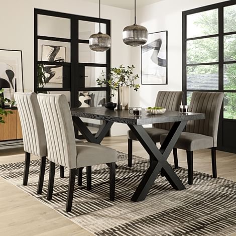 Franklin Dining Table & 4 Salisbury Chairs, Black Oak Effect & Black Steel, Grey Classic Velvet & Black Solid Hardwood, 160cm