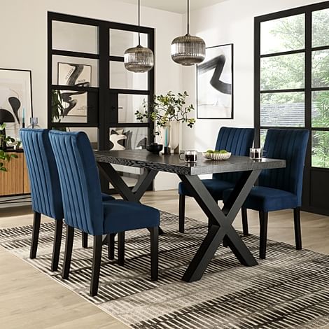 Franklin Dining Table & 4 Salisbury Chairs, Black Oak Effect & Black Steel, Blue Classic Velvet & Black Solid Hardwood, 160cm