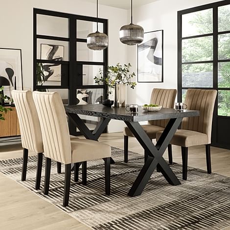 Franklin Dining Table & 4 Salisbury Chairs, Black Oak Effect & Black Steel, Champagne Classic Velvet & Black Solid Hardwood, 160cm