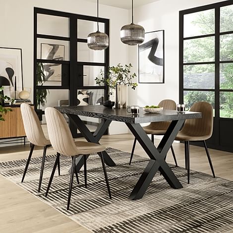 Franklin Dining Table & 4 Brooklyn Chairs, Black Oak Effect & Black Steel, Champagne Classic Velvet, 150cm