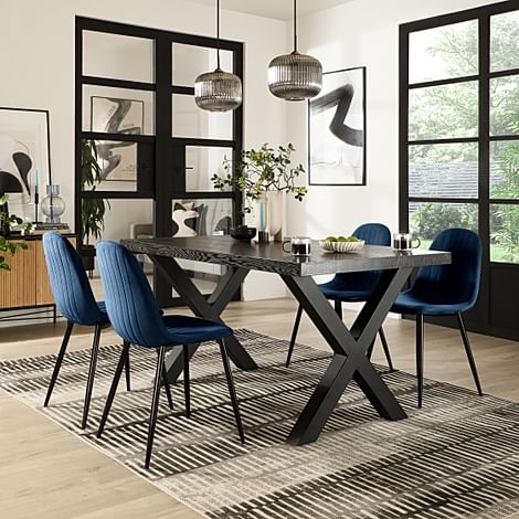 Franklin Dining Table & 4 Brooklyn Chairs, Black Oak Effect & Black Steel, Blue Classic Velvet, 150cm