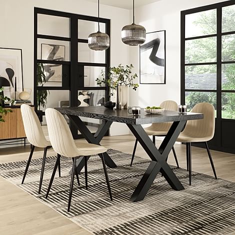 Franklin Dining Table & 4 Brooklyn Chairs, Black Oak Effect & Black Steel, Ivory Classic Plush Fabric, 150cm