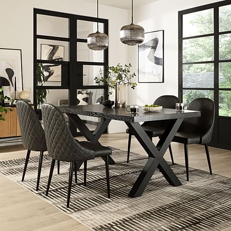 Franklin Dining Table & 4 Ricco Chairs, Black Oak Effect & Black Steel, Vintage Grey Premium Faux Leather, 160cm