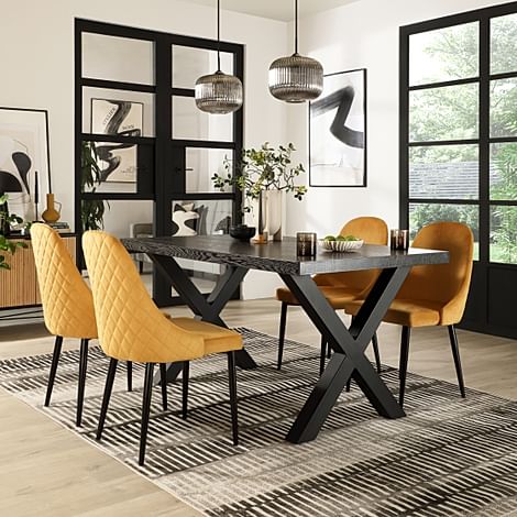 Franklin Dining Table & 4 Ricco Chairs, Black Oak Effect & Black Steel, Mustard Classic Velvet, 150cm