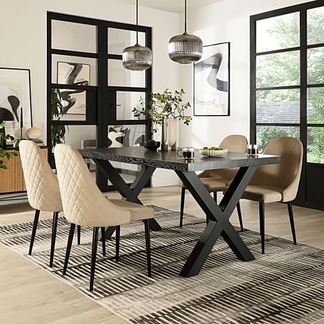 Franklin Dining Table & 4 Ricco Chairs, Black Oak Effect & Black Steel, Champagne Classic Velvet, 160cm